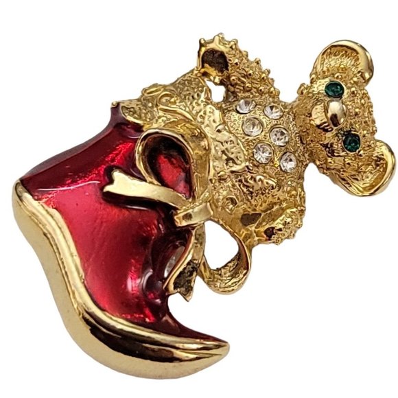 Avante Gold Tone Enamel Rhinestone Bear In Christmas Stocking Brooch Signed K823 - Picture 5 of 8